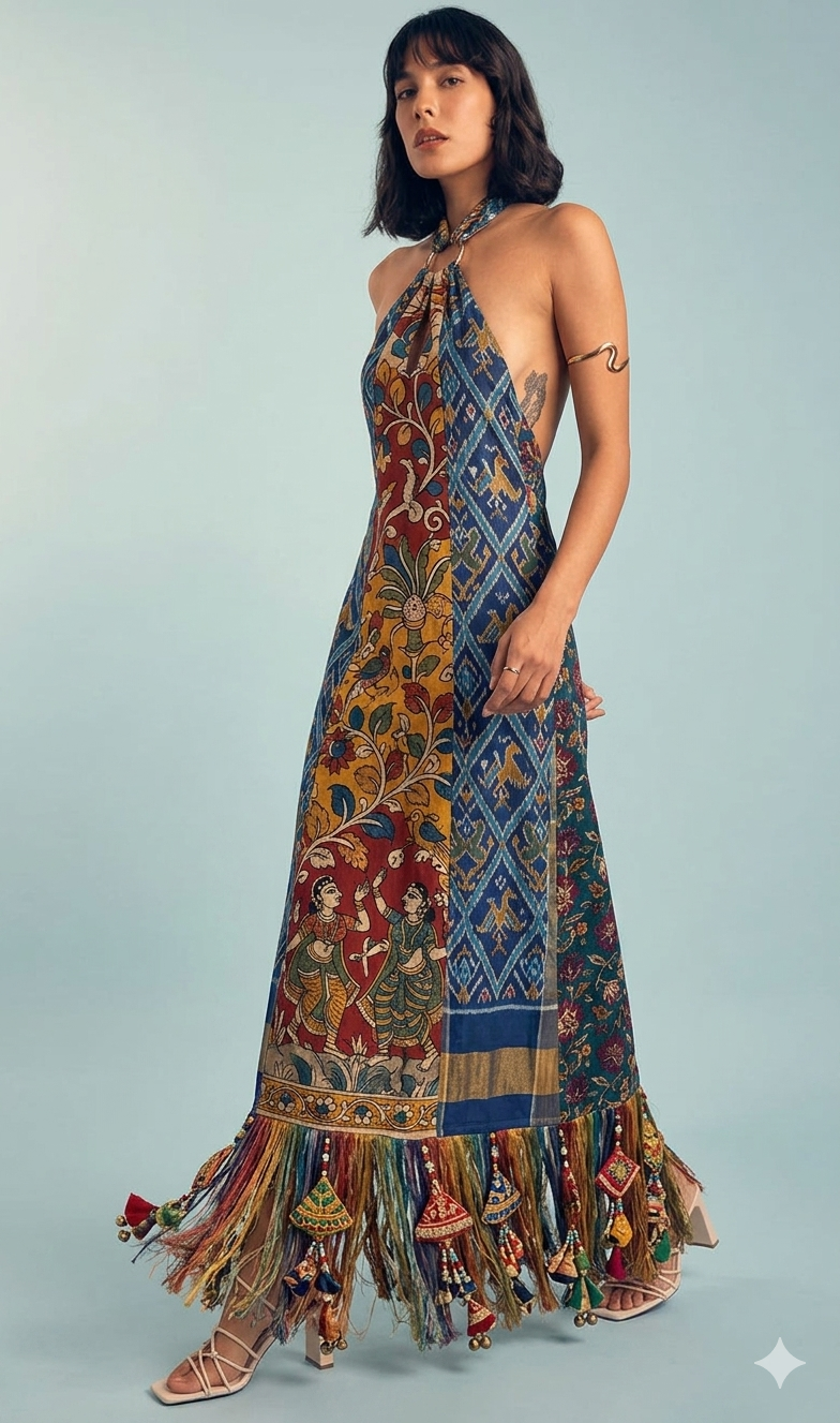 A woman in a one-of-one halter gown of kalamkari and patola panels, finished with tasselled trim