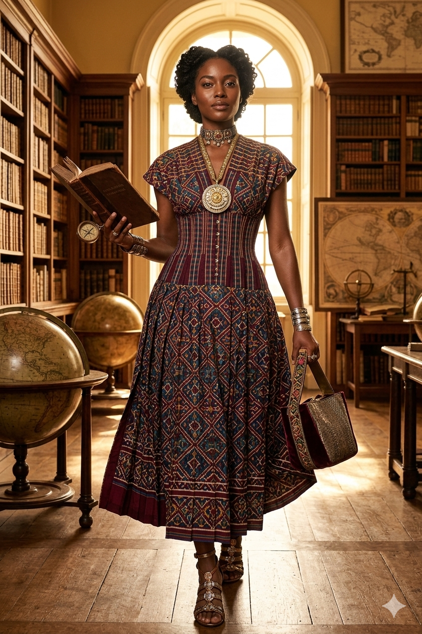 A woman in a Rajasthani patola-print gown standing in a sunlit library of antique books and globes